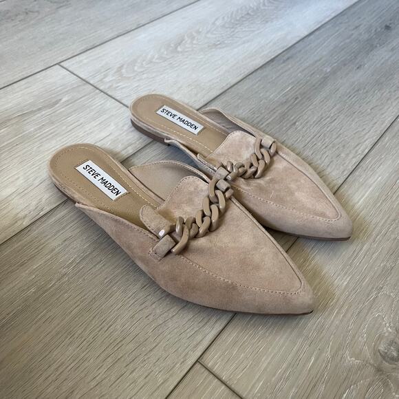 Steve Madden 'Approve' Women's 7.5 Suede Taupe Leather Chain Mule Slide - Picture 3 of 9